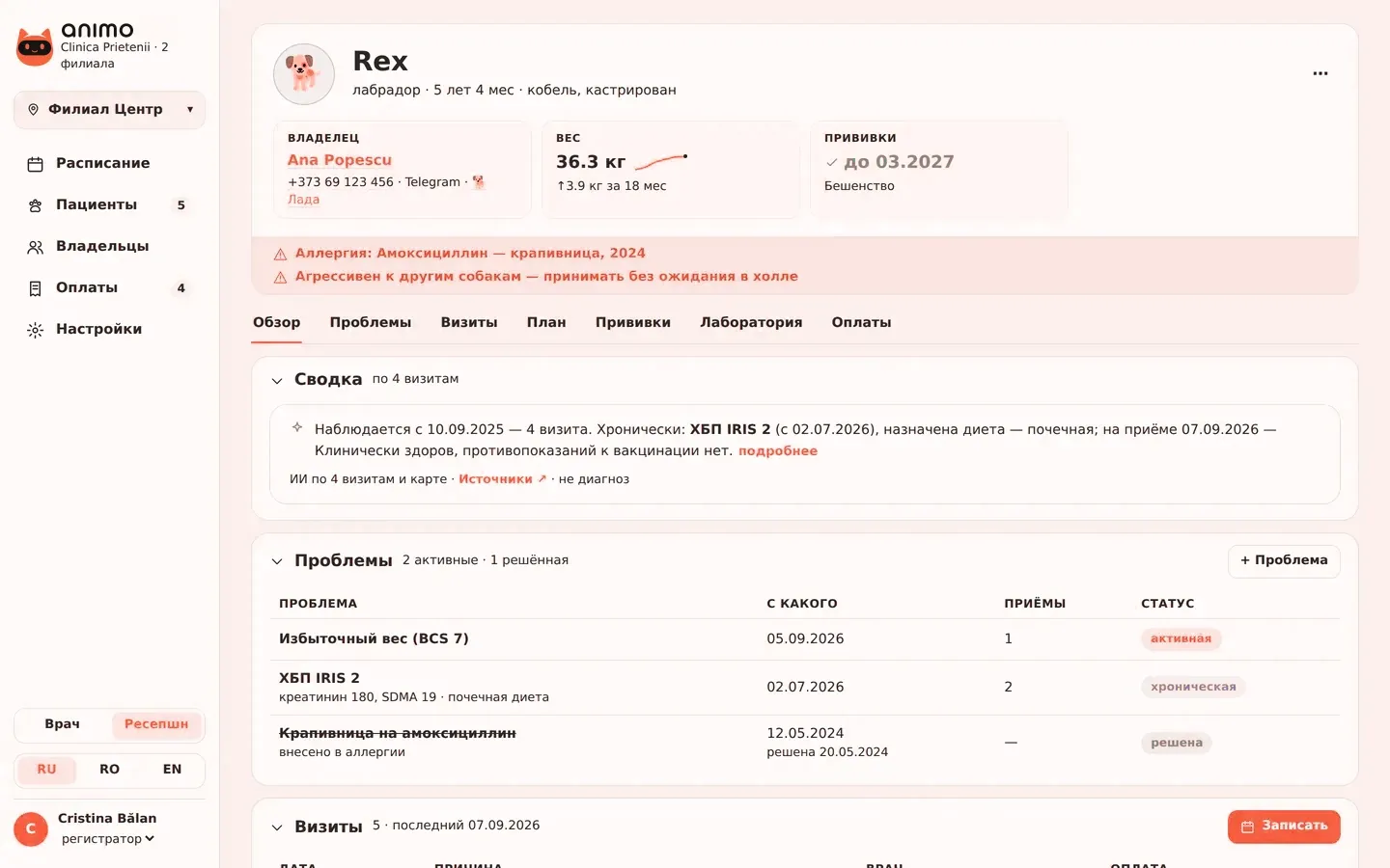 The Patient record screen