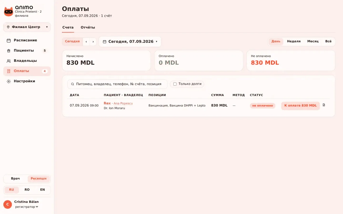 The Payments screen